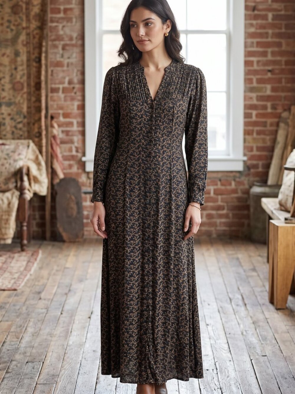 Vintage 1990s April Cornell Elegant Black and Brown Patterned Maxi Dress cottage